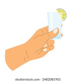 hand holding shot of vodka or tequila with lime slice  - vector illustration