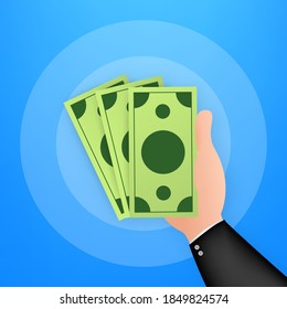 Hand holding or showing money bills on blue background. Vector stock illustration.