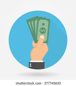 Hand Holding Or Showing Money Bills In A Circle Shaped Icon With Long Shadow. Flat Style