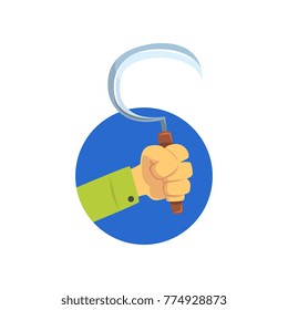 Hand holding sickle, symbol of the profession of a farmer, gardener or agricultural worker cartoon vector Illustration