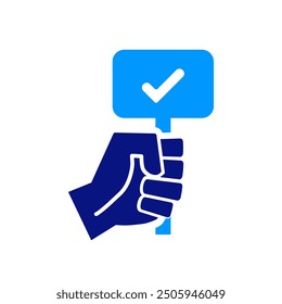 Mano que sostiene un signo con una marca de verificación, Formas simples, diseño audaz, símbolo de activismo, Asistencia, Aprobación, movimiento social, mensaje claro, diseño directo, estilo minimalista.