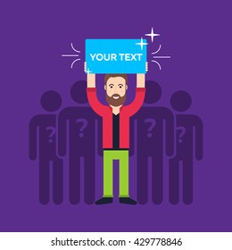 Hand holding sign. Different men. Leader. Blank protest sign. Picket sign. Political agitation campaign. Propaganda poster. Flat vector illustration/
