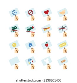 Hand halten Schilder Spende und stoppen Krieg flache Linie Symbole Sammlung. einfache Design-Vektorgrafik.