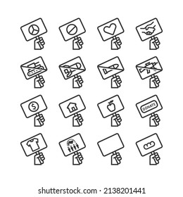Donación de carteles de mano y colección de iconos de línea plana de paro de guerra. vector de diseño simple.