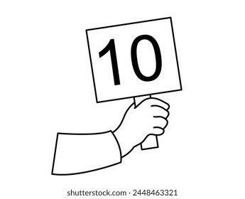 Hand holding a sign with number 10 ten written on it. Best score, maximum rating concept. Vector.