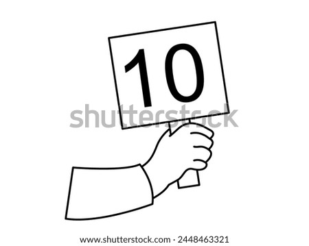 Hand holding a sign with number 10 ten written on it. Best score, maximum rating concept. Vector.