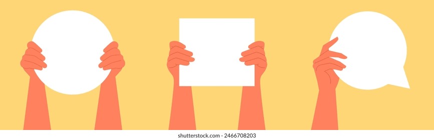 Hand holding a sign on a yellow background, for advertisements, announcements, and community events,colorful design,perfect for contests, cooperation, and group activities, horizontal layout