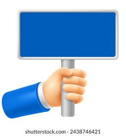 Hand holding sign or placard on stick. Protest, picket, agitation or important information concept. 3d realistic vector illustration