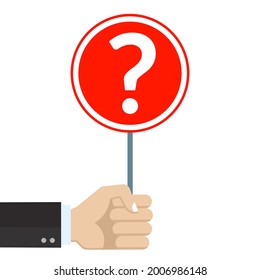 Hand holding a sign with a question mark. FAQ, ask symbol. Vector illustration.