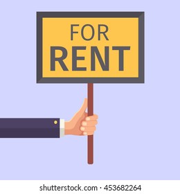 Hand holding sign. For rent. Vector illustration