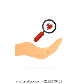 Hand holding sign of scanning computer virus. Realistic hand. White background. Vector illustration.