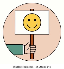 Hand Holding a Sign with a Smiling Emoji Vector Illustration for Chat, Feedback, and Expression