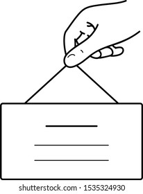 Hand holding sign. Vector outline icon.