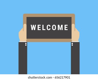 Hand holding sign welcome vector illustration. Chalkboard