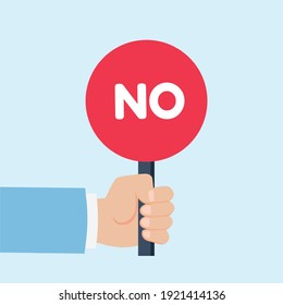 Hand holding sign with the word No. Placard Yes or No. Votes concept. Disagree, agree, feedback. Vector stock