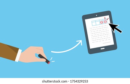  hand holding signature stamp,translation to digital paper,blue background
