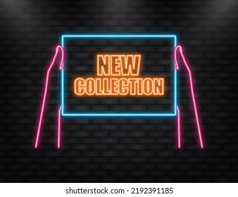 Hand holding signboard with text - New collection. Man showing billboard banner. Vector illustration.