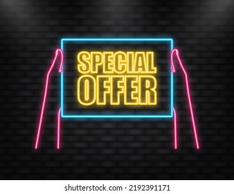 Hand holding signboard with text - Special offer. Man showing billboard banner. Vector illustration.