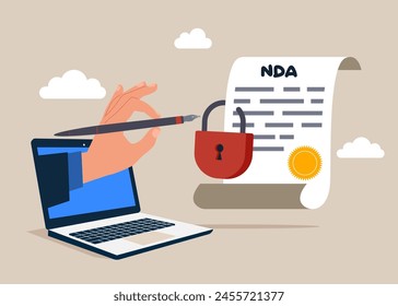 Hand holding signing pen with online NDA locked with padlock document. Modern flat vector illustration.