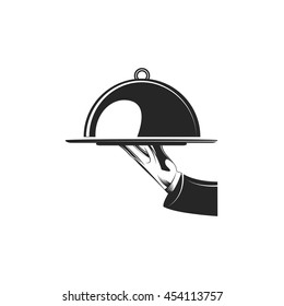 Hand holding silver platter with cover icon. Cloche in hand flat icon menu.