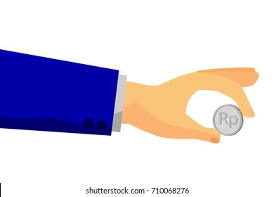 Hand Holding Silver Rupiah Coin, Isolated on White