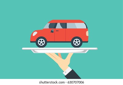 Hand holding silver tray which have a red car paste in it. Illustration in catering concept.