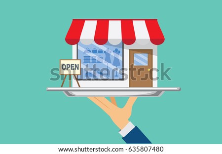 Hand holding silver tray which have a shop. This Illustration about SME concept.
