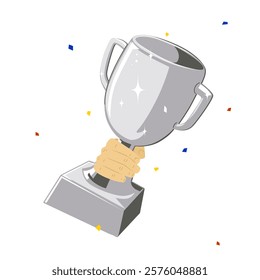 Hand holding a silver trophy on white background. Vector illustration of championship award.
