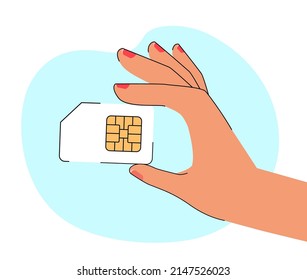 Hand holding SIM card. Person with chip for smartphone, for phone calls and internet flat vector illustration. Technology, cellular communication concept for banner, website design or landing web page