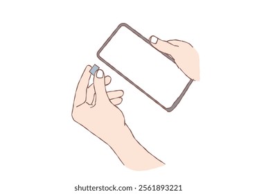 Hand holding SIM card, SD card data inserted into mobile phone. Hand drawn style vector design illustrations.