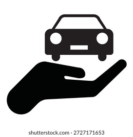 Una mano que sostiene una ilustración simple del icono del coche desde un punto de vista directo