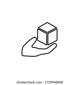 Mano sosteniendo un simple cubo geométrico. Estilo de diseño de icono plano.