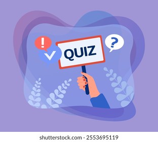 Hand holding simple sign with quiz word. Announcement of questionnaire, test questions by person flat vector illustration. Competition, exam concept for banner, website design or landing web page