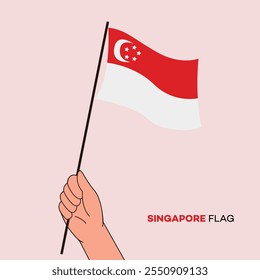 Hand holding Singapore flag in line art drawing style. Singapore hand Flag waving. Vector illustration