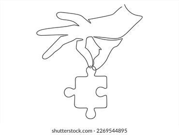 Hand holding a single blank empty jigsaw puzzle piece, laying, putting down from above gesture isolated on white, cut out. Fingers hold up last missing link puzzle piece, solution abstract concept