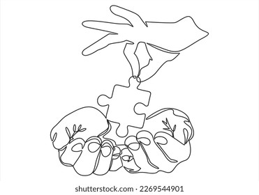 Hand holding a single blank empty jigsaw puzzle piece, laying, putting down from above gesture isolated on white, cut out. Fingers hold up last missing link puzzle piece, solution abstract concept