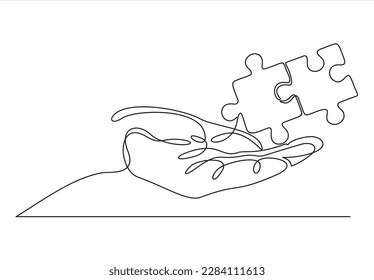 Hand holding a single blank empty jigsaw puzzle piece, laying, putting down from above gesture isolated on white, cut out. Fingers hold up last missing link puzzle piece, solution abstract concept