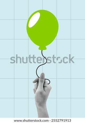 Hand holding single green baloon pop art illustration. Birthday celebration, party decoration for event. Flat vector graphic element isolated.