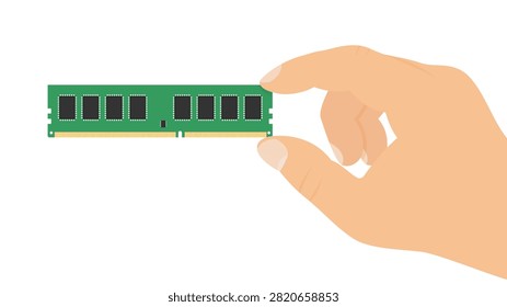 Hand Holding Single RAM Stick - Computer Memory Module Vector Illustration. Clean flat design for PC upgrade tutorials, hardware installation guides, computer specs displays, and technology education content