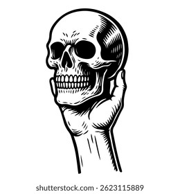 Hand holding a skull. Hand drawn. Vintage. Isolated vector image.