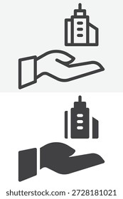 Hand hält Wolkenkratzer Symbol in verschiedenen Stil gesetzt. Linie, Umriss und Symbol mit bearbeitbarem Strich, Vektorzeichen und Symbol. Wolkenkratzer-Symbol für Ingenieurwesen.