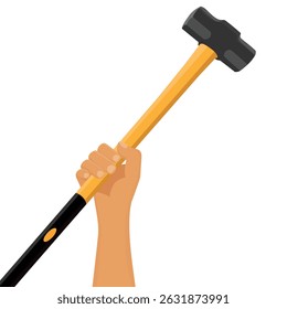 Hand holding sledge hammer with long handle isolated on white background. Working tool. Vector illustration