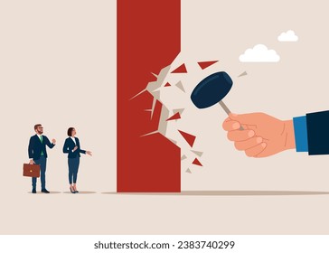 Hand holding sledgehammer. Breaking the wall with hammer to see light outside. Breakthrough business boundary. Flat vector illustration