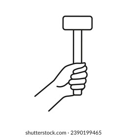 Hand, die ein Vorschlaghammer hält Symbol. Vektorgrafik. Linienstil.