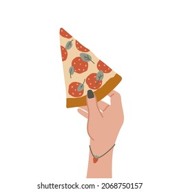 A hand holding a slice of pepperoni pizza. Isolated on white background. Hand holding fast food. Unhealthy lifestyle habits and obesity and poor health concept. Hand-drawn style vector illustration.