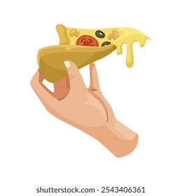 Mano sosteniendo una rebanada de pizza con queso y coberturas. Ilustración vectorial