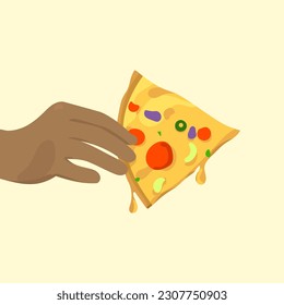 Hand holding a slice of pizza. Pizza slice icon vector. Cute Pizza Cartoon Vector Icon Illustration. Fast Food Icon Concept Isolated Premium Vector. Flat Cartoon Style