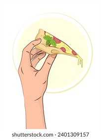 Hand holding a slice of pizza. Italian food. Pizza in hand. Pizza vector. Vector illustration.