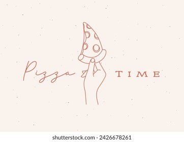 Hand holding slice of pizza with lettering drawing in linear style on beige background
