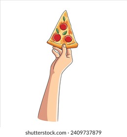 Mano sosteniendo una rebanada de pizza con fondo blanco.